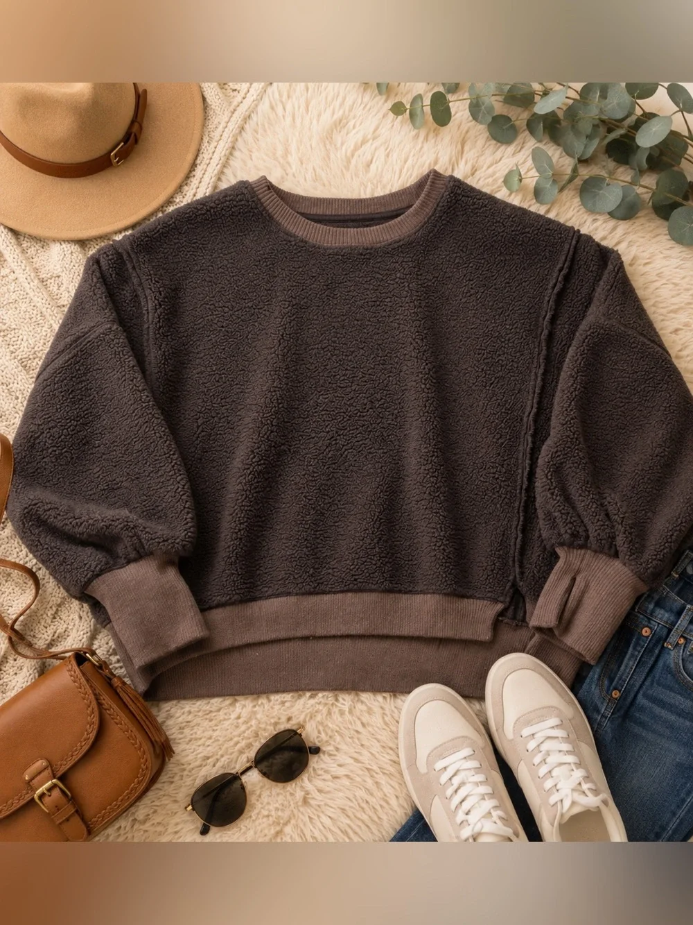 Free People We The Free Cozy Camden Brown Sherpa Pullover Sweater Large